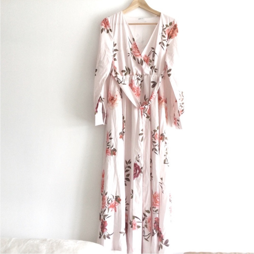 Light pink silky lined floral long sleeve maxi dress